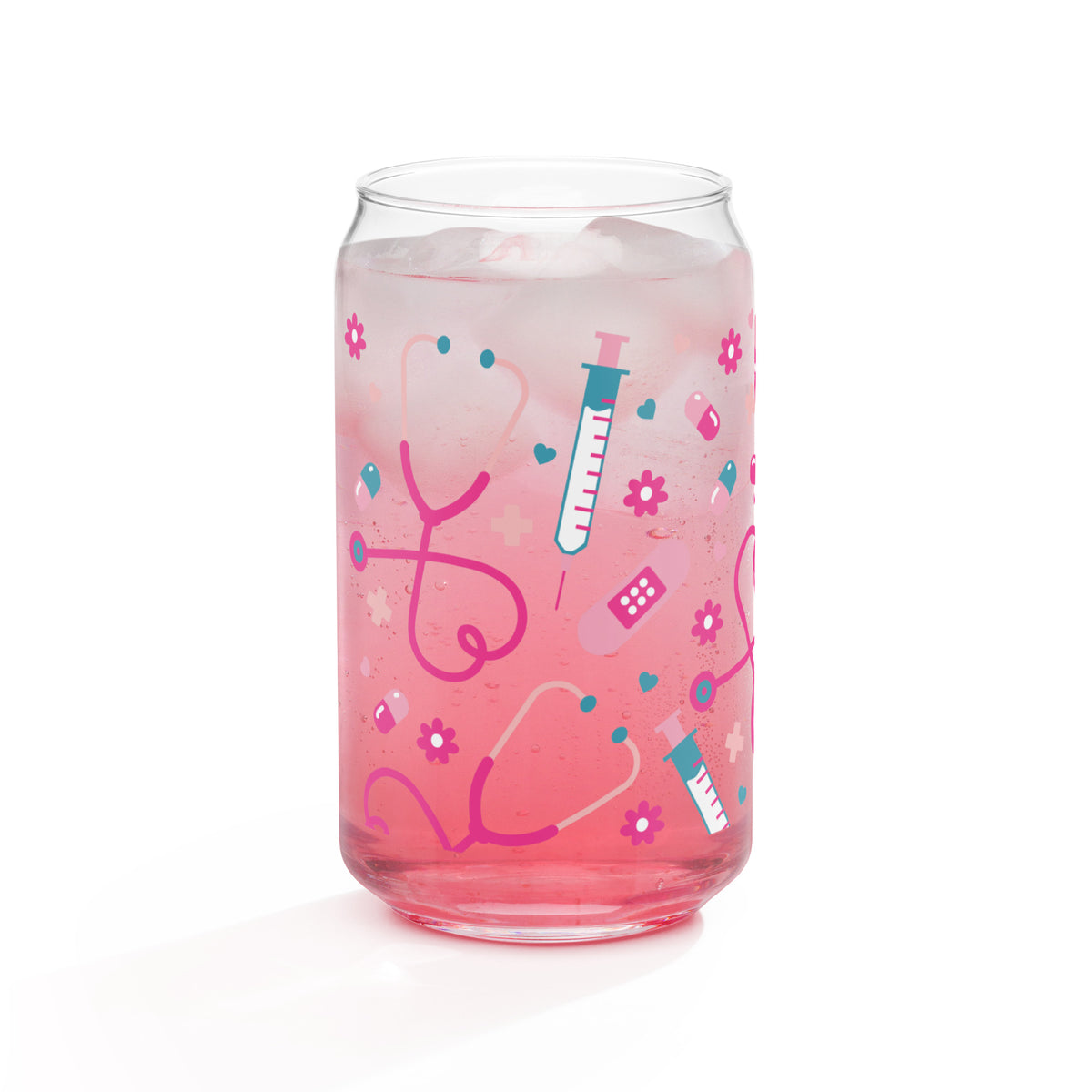 Kawaii Nurse Medical Scatter Can-Shaped Glass Tumbler | Cute Nurse Gift 16 oz with Bamboo Lid & Straw - Spinsterly Co