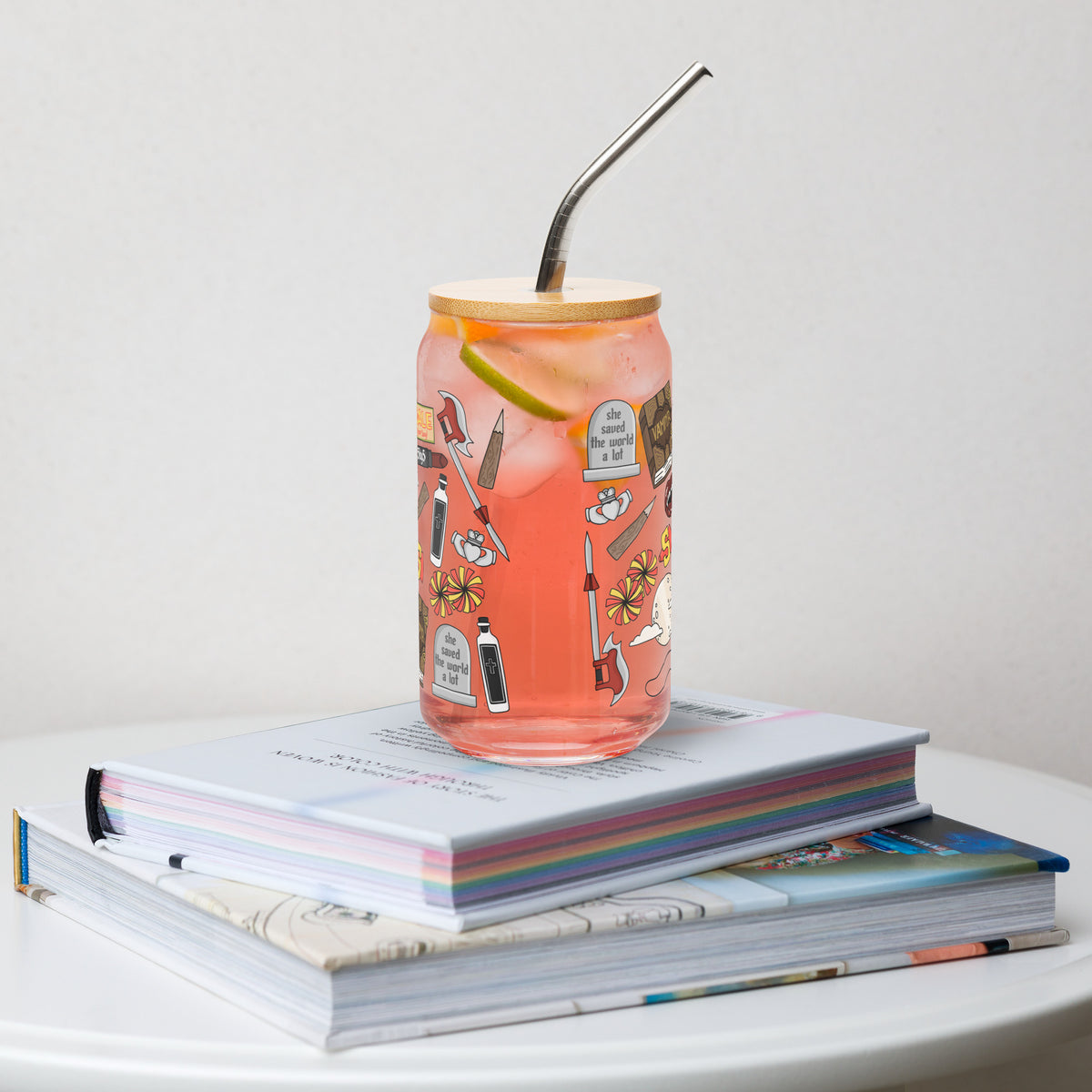 Vampire Town Can Glass Tumbler | Fangs Stakes Crosses Cheerleader Drinkware - Spinsterly Co