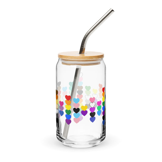 LGBTQIA+ Pride Rainbow Hearts Can-Shaped Glass Tumbler | Inclusive Pride Gift 16 oz - Spinsterly Co