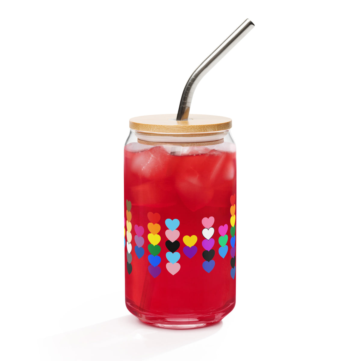 LGBTQIA+ Pride Rainbow Hearts Can-Shaped Glass Tumbler | Inclusive Pride Gift 16 oz - Spinsterly Co
