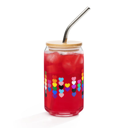 LGBTQIA+ Pride Rainbow Hearts Can-Shaped Glass Tumbler | Inclusive Pride Gift 16 oz - Spinsterly Co