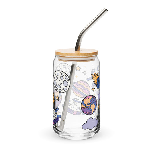 Kawaii Space Scatter Cosmic Glass Tumbler | Cute Space Gift for Iced Coffee 16 oz - Spinsterly Co