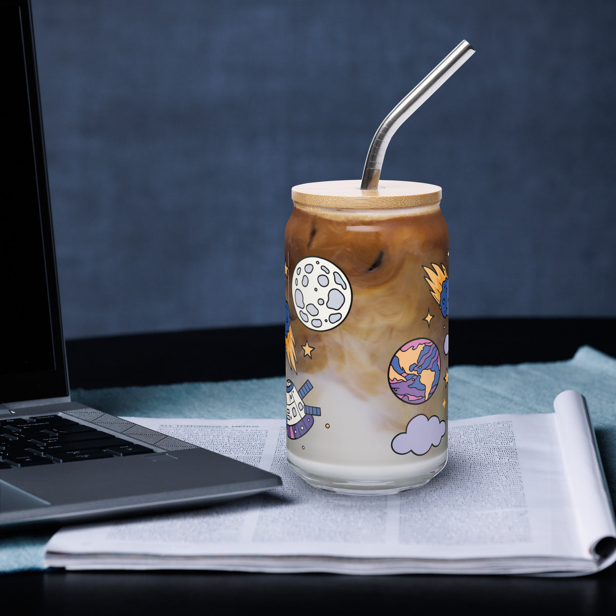 Kawaii Space Scatter Cosmic Glass Tumbler | Cute Space Gift for Iced Coffee 16 oz - Spinsterly Co