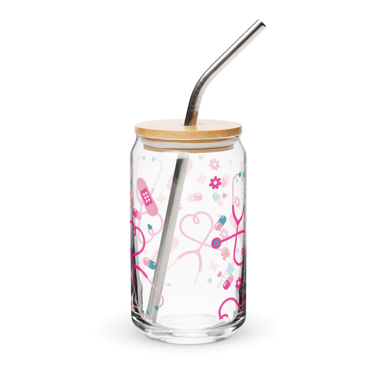Kawaii Nurse Medical Scatter Can-Shaped Glass Tumbler | Cute Nurse Gift 16 oz with Bamboo Lid & Straw - Spinsterly Co