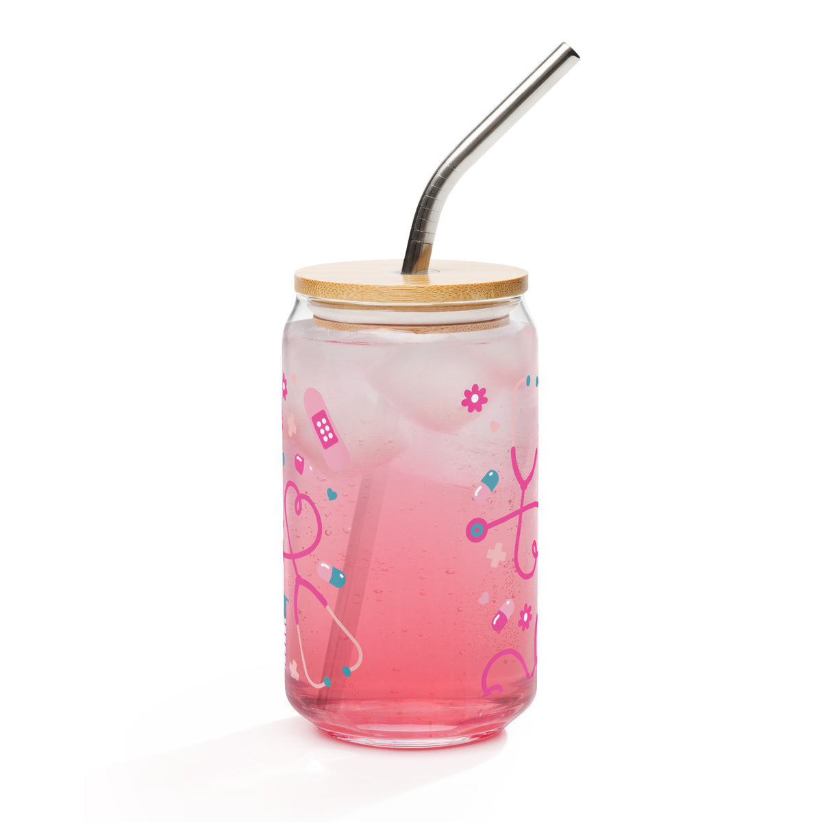 Kawaii Nurse Medical Scatter Can-Shaped Glass Tumbler | Cute Nurse Gift 16 oz with Bamboo Lid & Straw - Spinsterly Co
