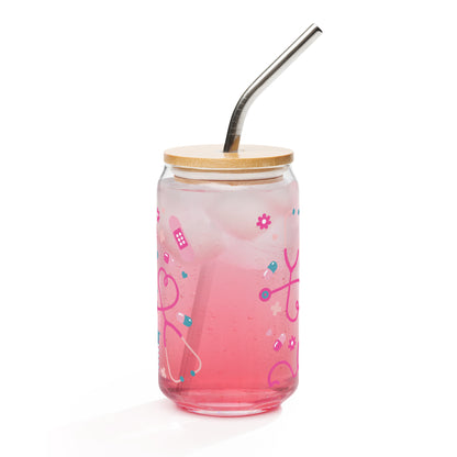Kawaii Nurse Medical Scatter Can-Shaped Glass Tumbler | Cute Nurse Gift 16 oz with Bamboo Lid & Straw - Spinsterly Co
