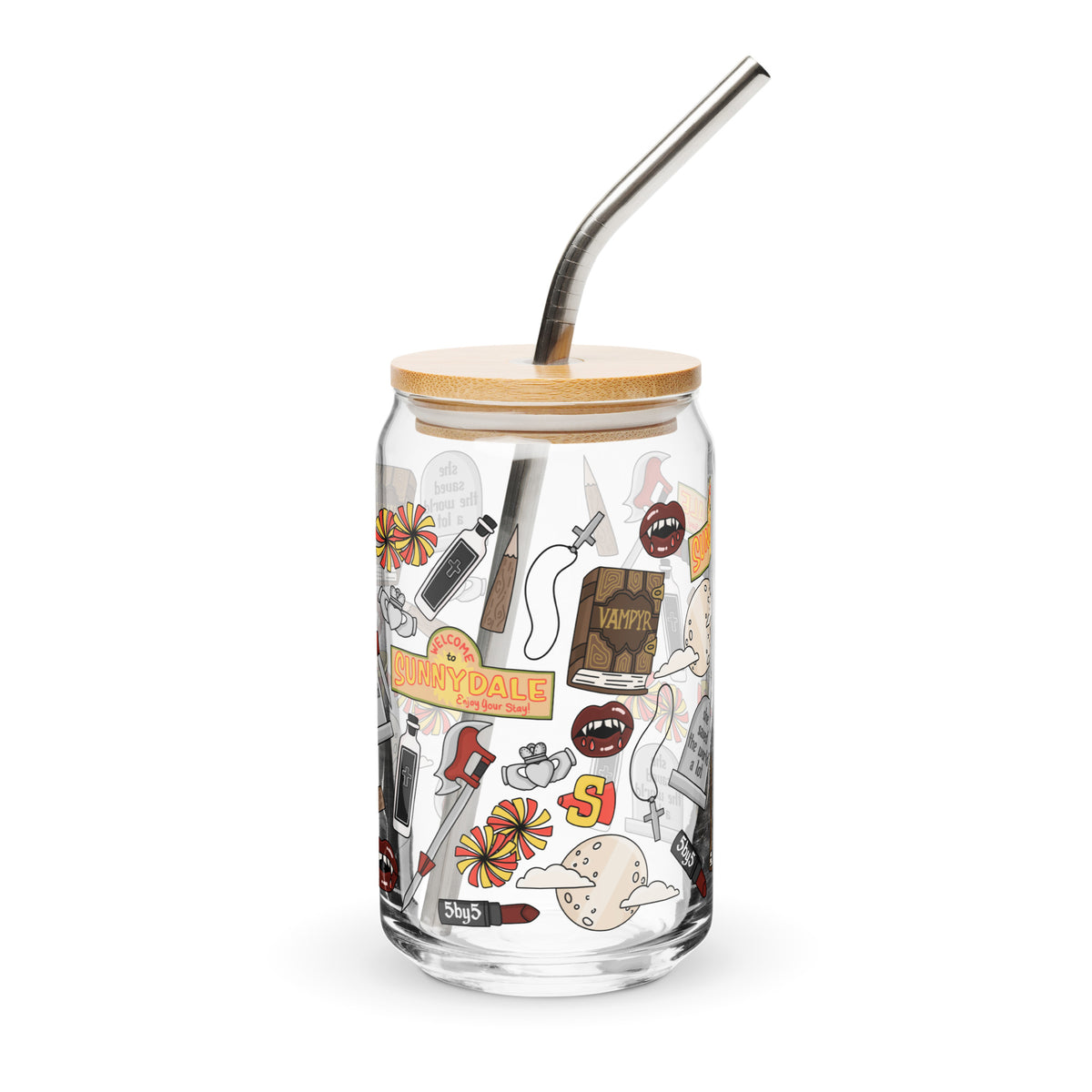 Vampire Town Can Glass Tumbler | Fangs Stakes Crosses Cheerleader Drinkware - Spinsterly Co