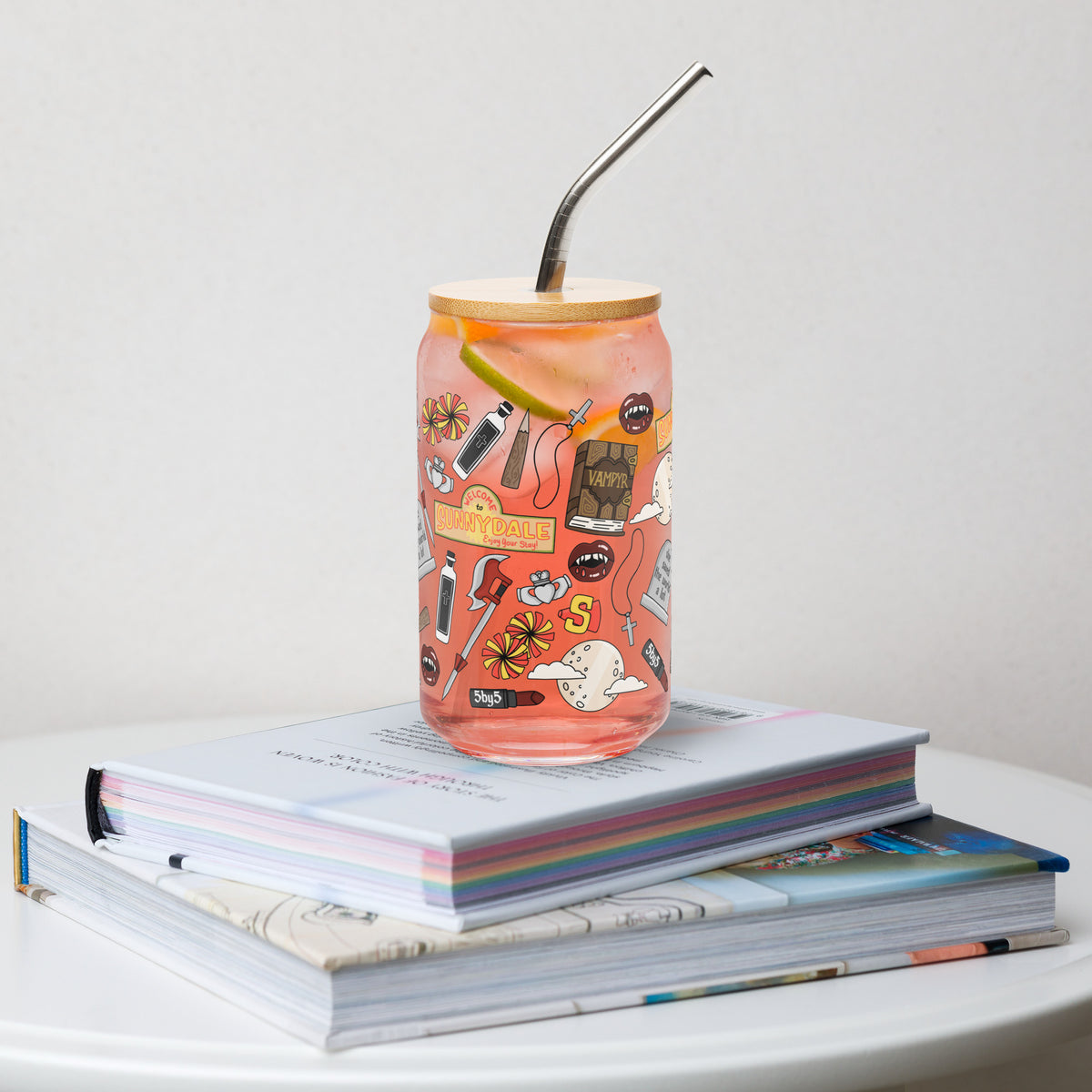 Vampire Town Can Glass Tumbler | Fangs Stakes Crosses Cheerleader Drinkware - Spinsterly Co