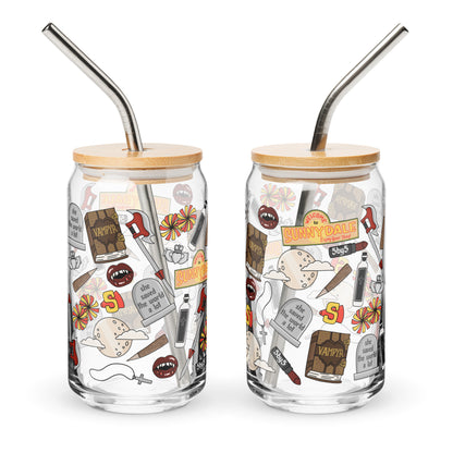 Vampire Town Can Glass Tumbler | Fangs Stakes Crosses Cheerleader Drinkware - Spinsterly Co
