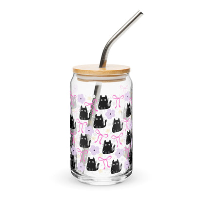 Black Cat & Bow Can-Shaped Glass | Coquette Cat Mom Glass Tumbler - Spinsterly Co