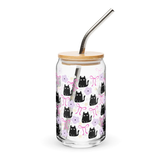 Black Cat & Bow Can-Shaped Glass | Coquette Cat Mom Glass Tumbler - Spinsterly Co