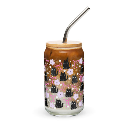 Black Cat & Bow Can-Shaped Glass | Coquette Cat Mom Glass Tumbler - Spinsterly Co