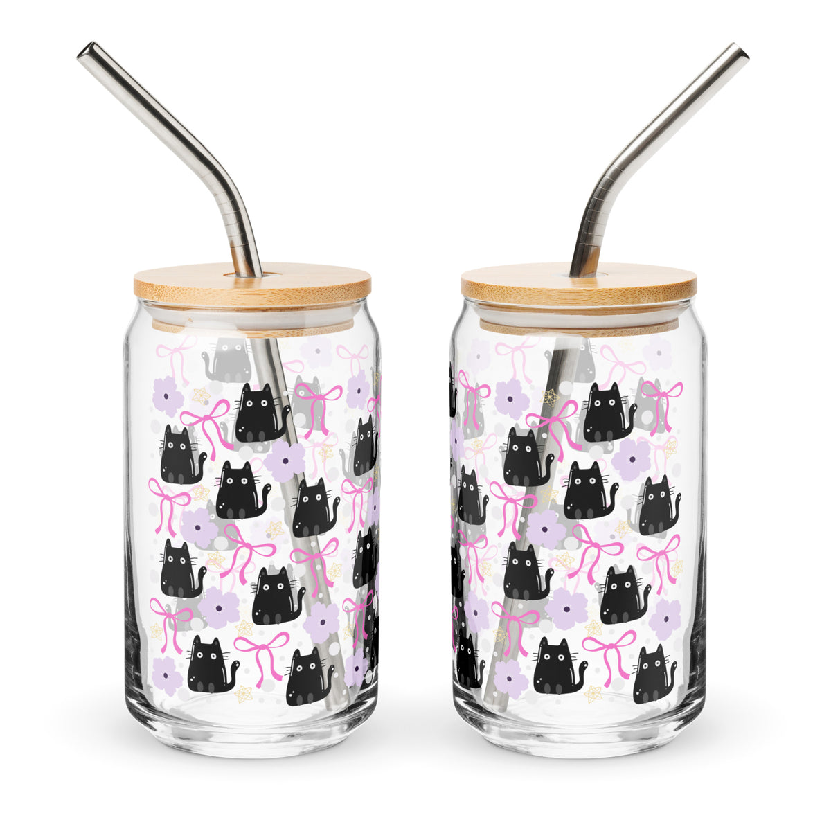 Black Cat & Bow Can-Shaped Glass | Coquette Cat Mom Glass Tumbler - Spinsterly Co