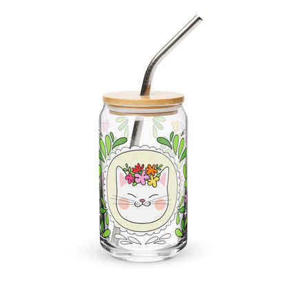 Floral Cat Can-Shaped Glass | Cute Botanical Kitty Glass Tumbler - Spinsterly Co