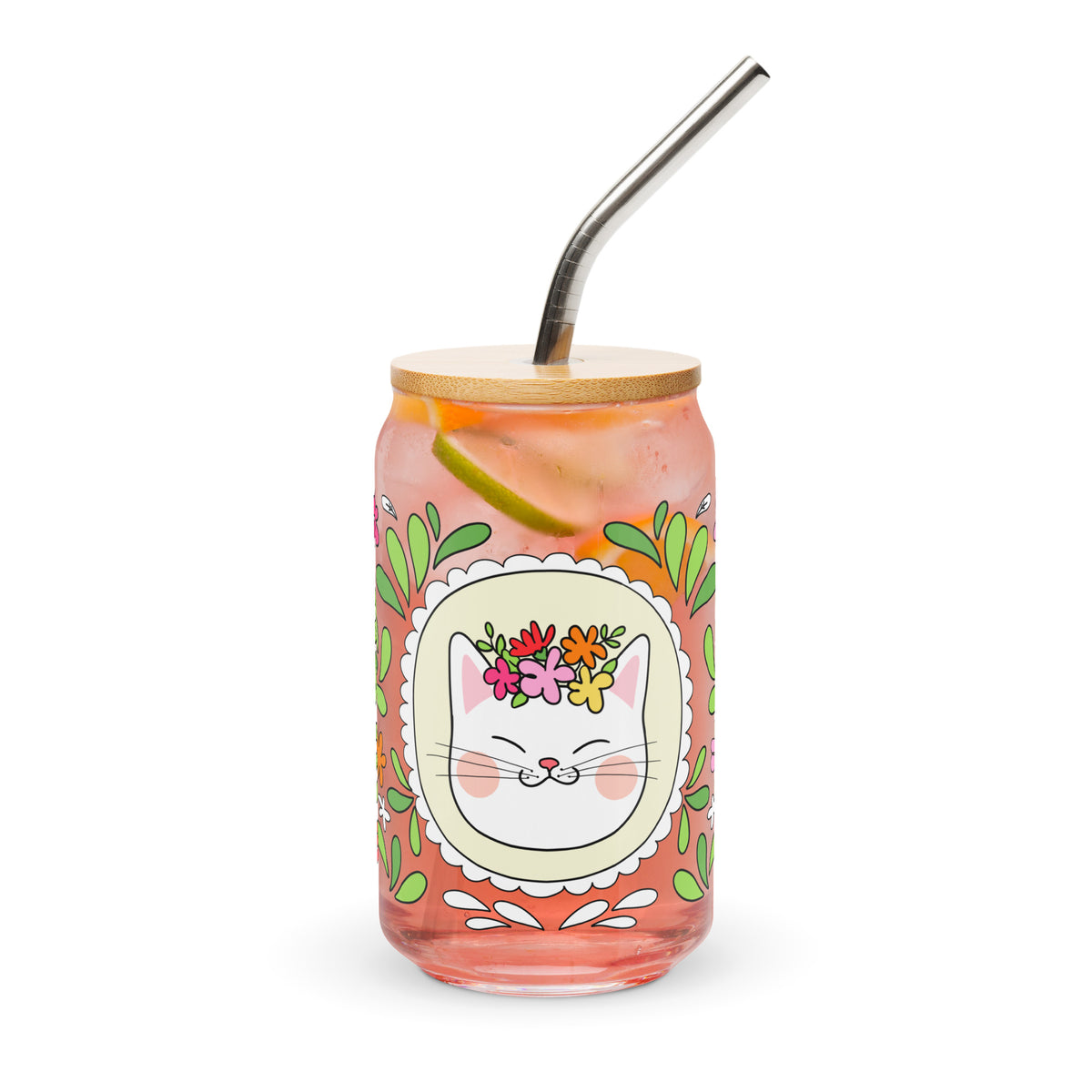 Floral Cat Can-Shaped Glass | Cute Botanical Kitty Glass Tumbler - Spinsterly Co