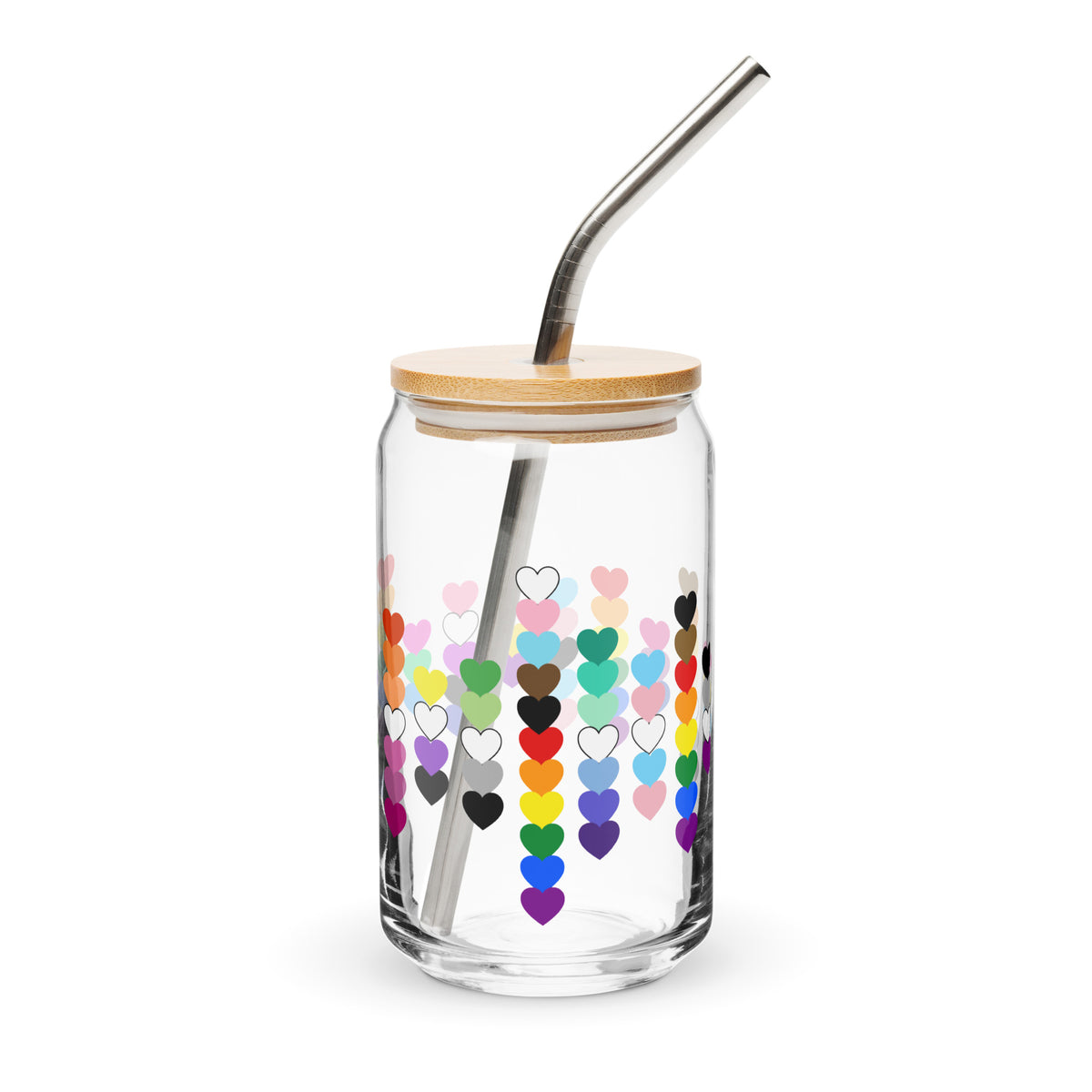 LGBTQIA+ Pride Rainbow Hearts Can-Shaped Glass Tumbler | Inclusive Pride Gift 16 oz - Spinsterly Co
