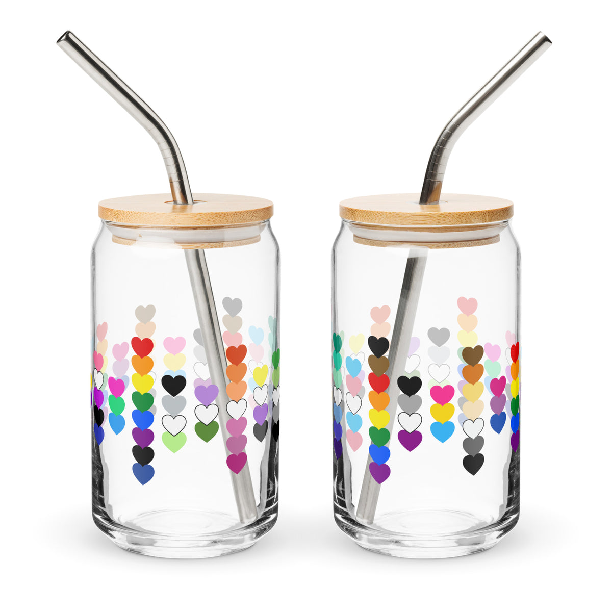 LGBTQIA+ Pride Rainbow Hearts Can-Shaped Glass Tumbler | Inclusive Pride Gift 16 oz - Spinsterly Co