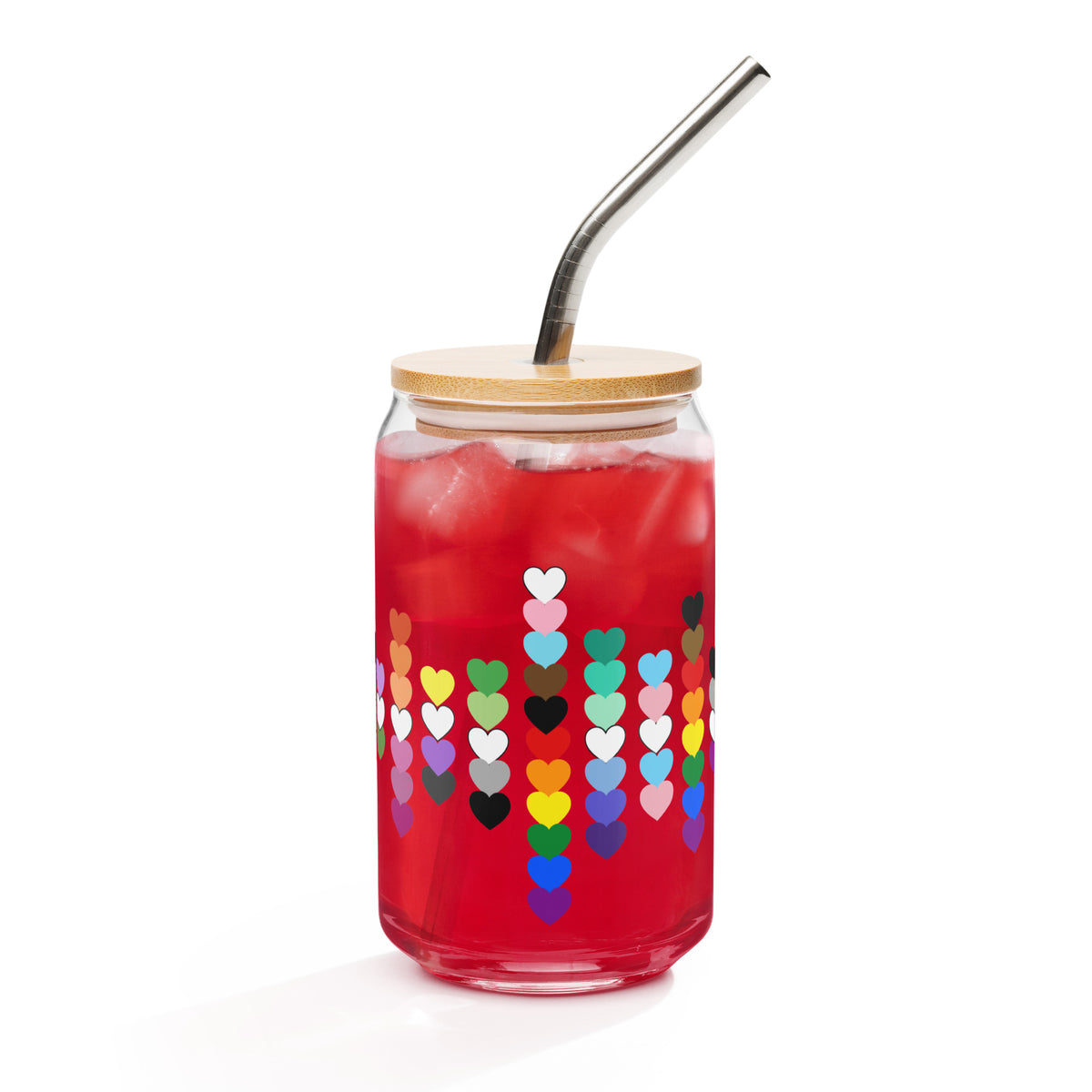 LGBTQIA+ Pride Rainbow Hearts Can-Shaped Glass Tumbler | Inclusive Pride Gift 16 oz - Spinsterly Co