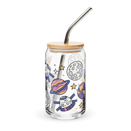Kawaii Space Scatter Cosmic Glass Tumbler | Cute Space Gift for Iced Coffee 16 oz - Spinsterly Co