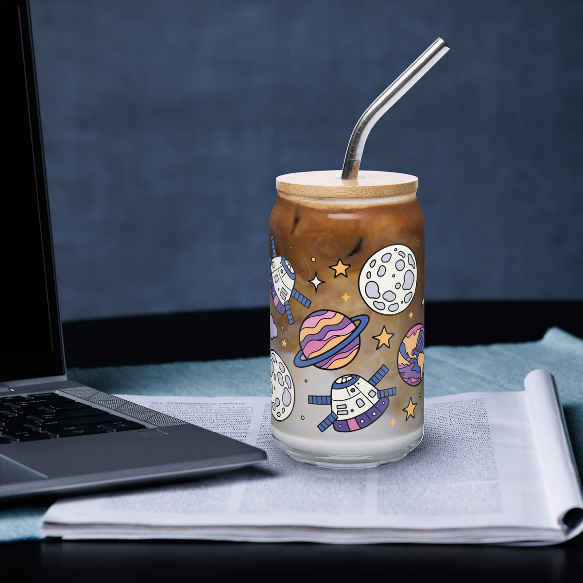 Kawaii Space Scatter Cosmic Glass Tumbler | Cute Space Gift for Iced Coffee 16 oz - Spinsterly Co