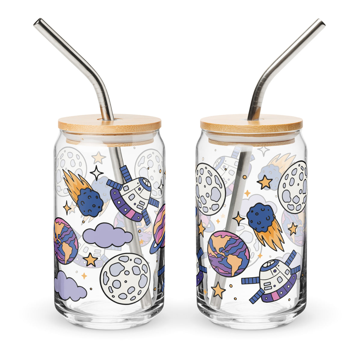 Kawaii Space Scatter Cosmic Glass Tumbler | Cute Space Gift for Iced Coffee 16 oz - Spinsterly Co
