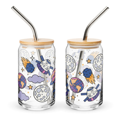 Kawaii Space Scatter Cosmic Glass Tumbler | Cute Space Gift for Iced Coffee 16 oz - Spinsterly Co