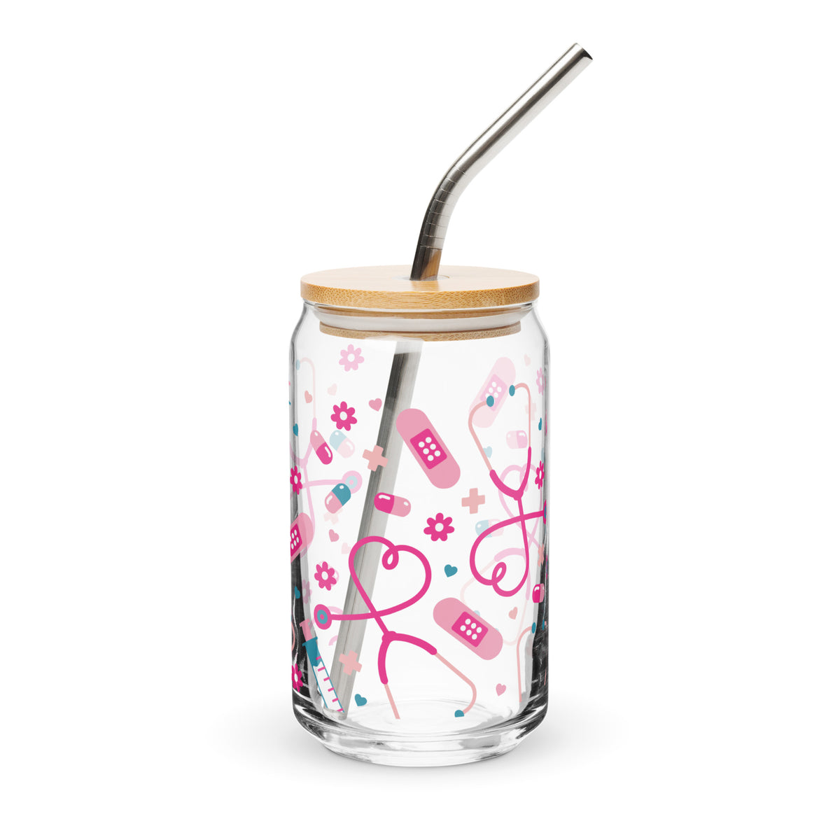Kawaii Nurse Medical Scatter Can-Shaped Glass Tumbler | Cute Nurse Gift 16 oz with Bamboo Lid & Straw - Spinsterly Co