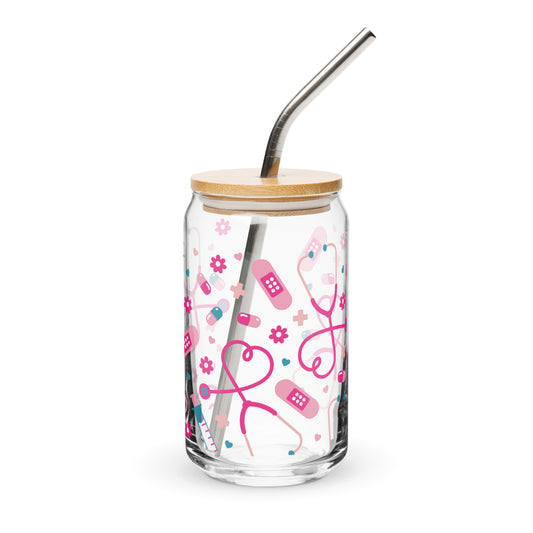 Kawaii Nurse Medical Scatter Can-Shaped Glass Tumbler | Cute Nurse Gift 16 oz with Bamboo Lid & Straw - Spinsterly Co