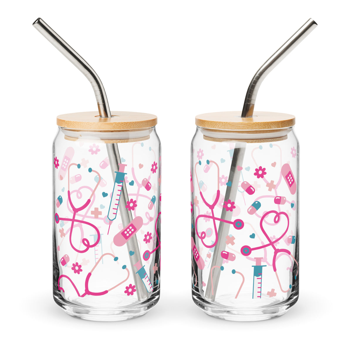 Kawaii Nurse Medical Scatter Can-Shaped Glass Tumbler | Cute Nurse Gift 16 oz with Bamboo Lid & Straw - Spinsterly Co