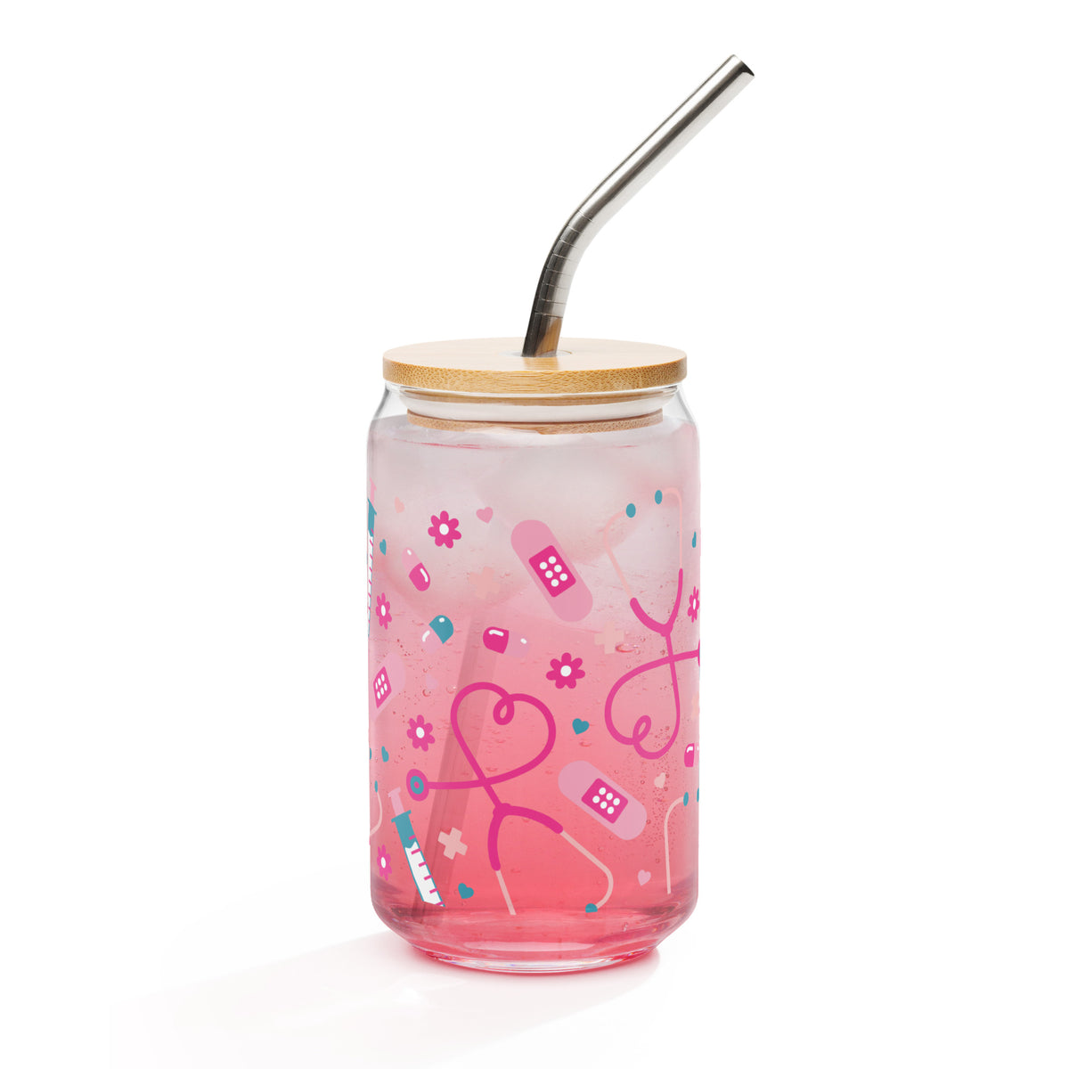 Kawaii Nurse Medical Scatter Can-Shaped Glass Tumbler | Cute Nurse Gift 16 oz with Bamboo Lid & Straw - Spinsterly Co
