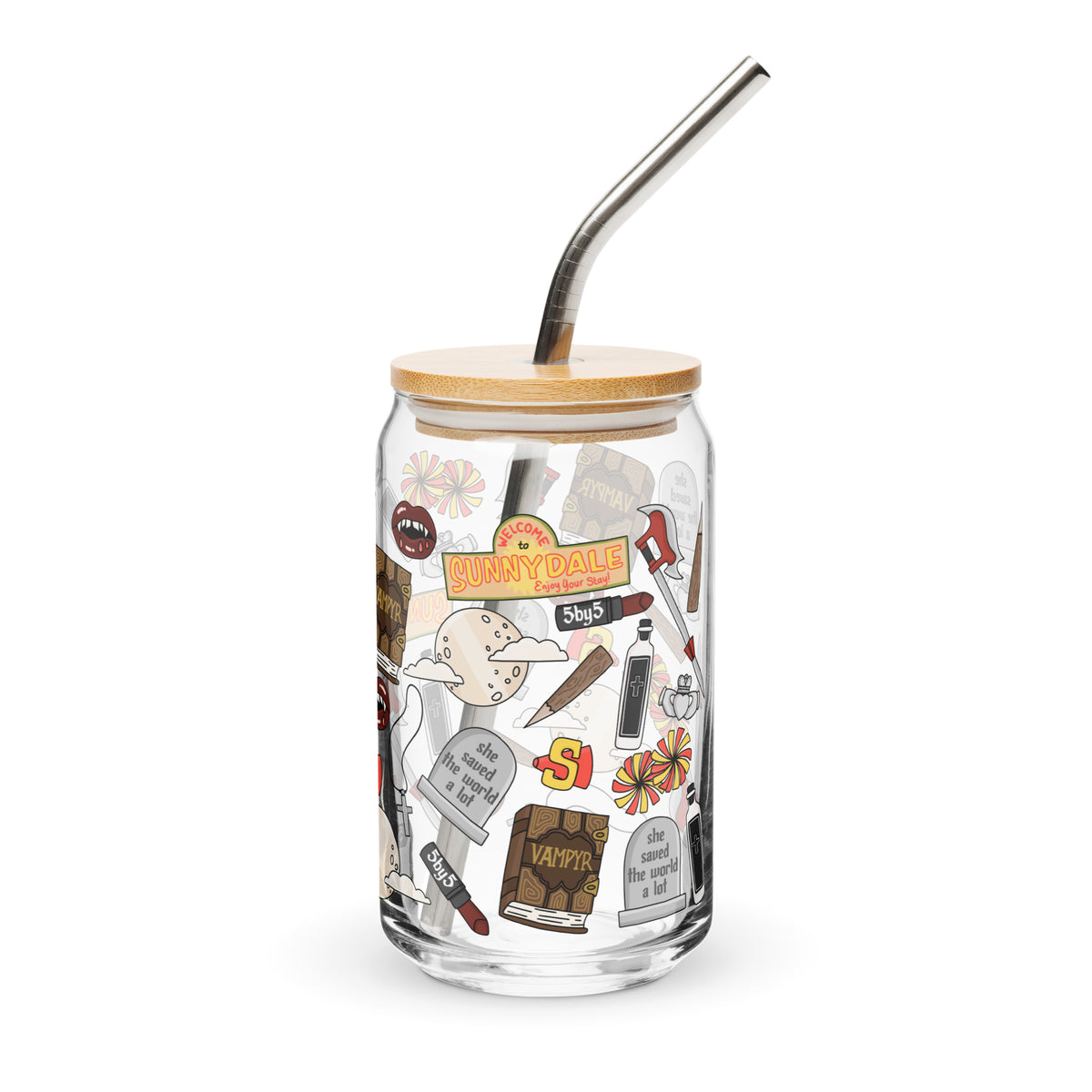 Vampire Town Can Glass Tumbler | Fangs Stakes Crosses Cheerleader Drinkware - Spinsterly Co