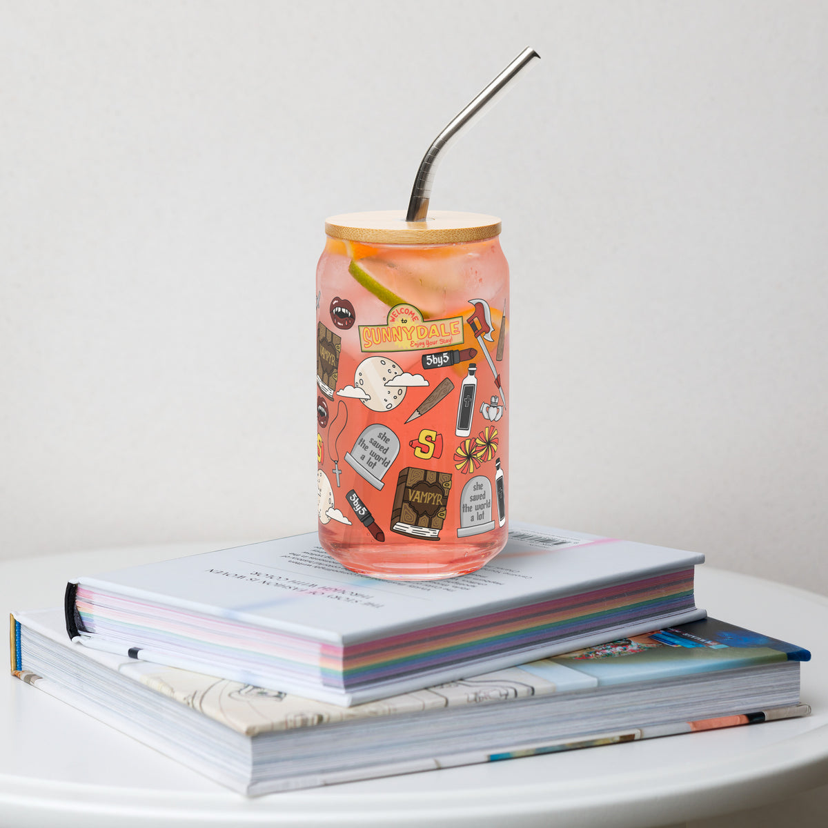Vampire Town Can Glass Tumbler | Fangs Stakes Crosses Cheerleader Drinkware - Spinsterly Co