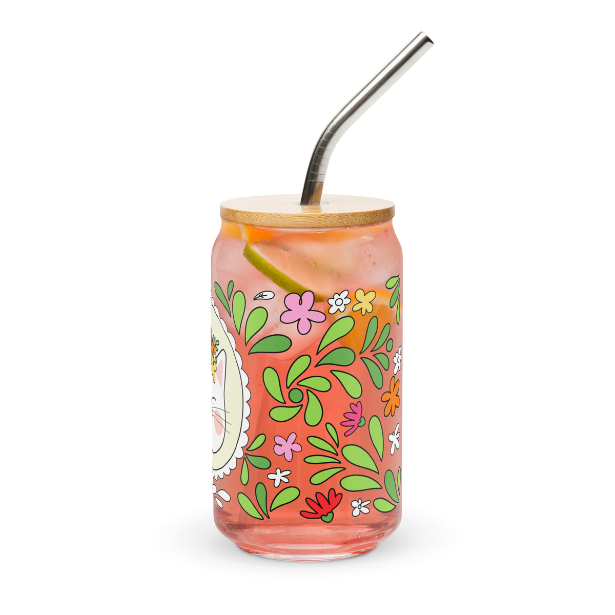 Floral Cat Can-Shaped Glass | Cute Botanical Kitty Glass Tumbler - Spinsterly Co