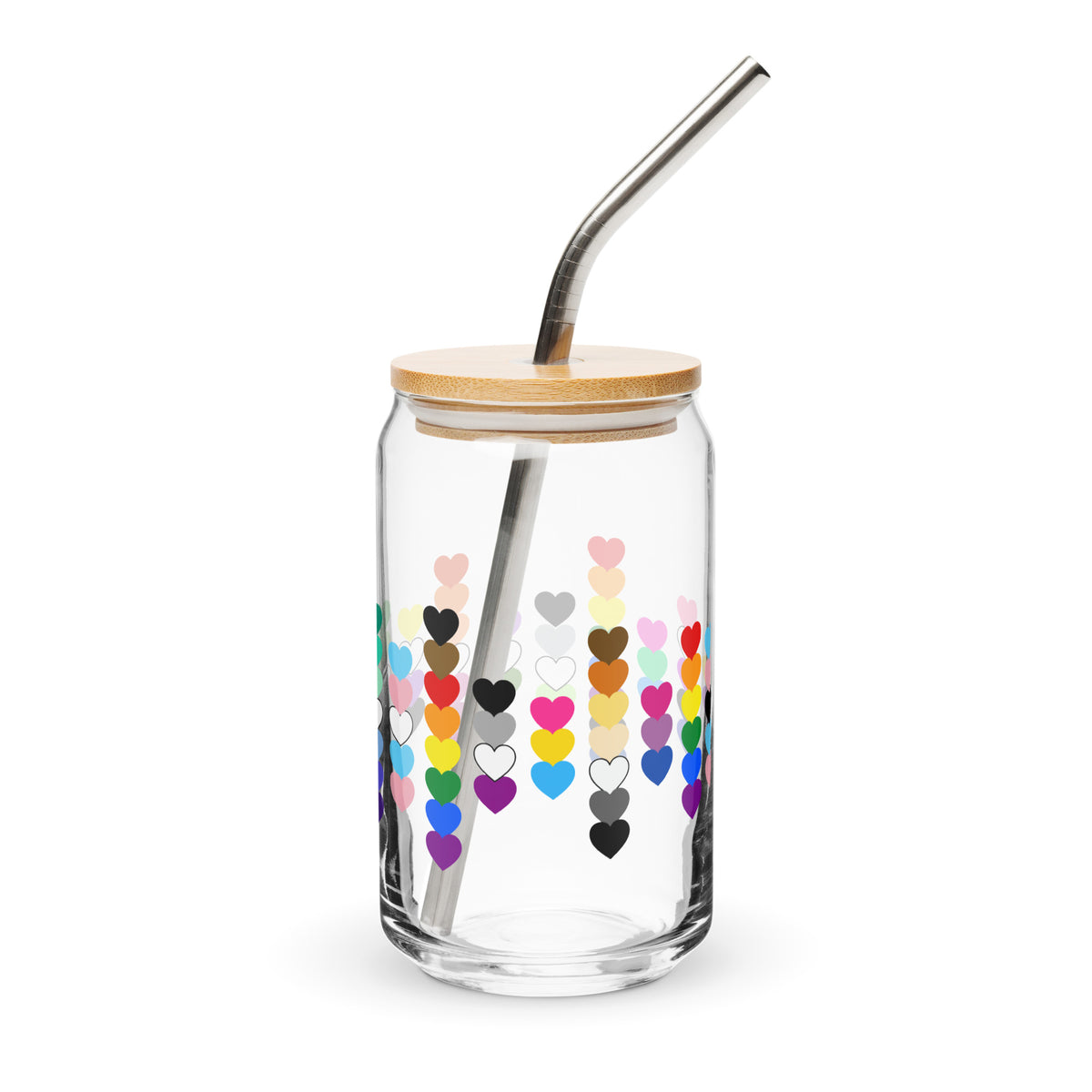 LGBTQIA+ Pride Rainbow Hearts Can-Shaped Glass Tumbler | Inclusive Pride Gift 16 oz - Spinsterly Co