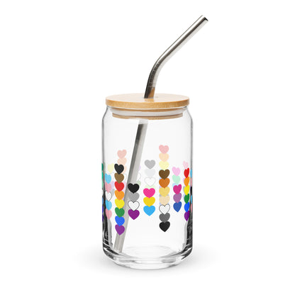 LGBTQIA+ Pride Rainbow Hearts Can-Shaped Glass Tumbler | Inclusive Pride Gift 16 oz - Spinsterly Co