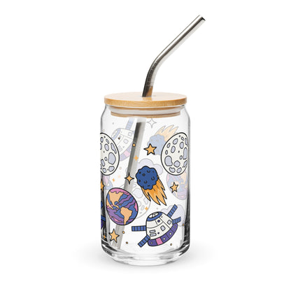 Kawaii Space Scatter Cosmic Glass Tumbler | Cute Space Gift for Iced Coffee 16 oz - Spinsterly Co