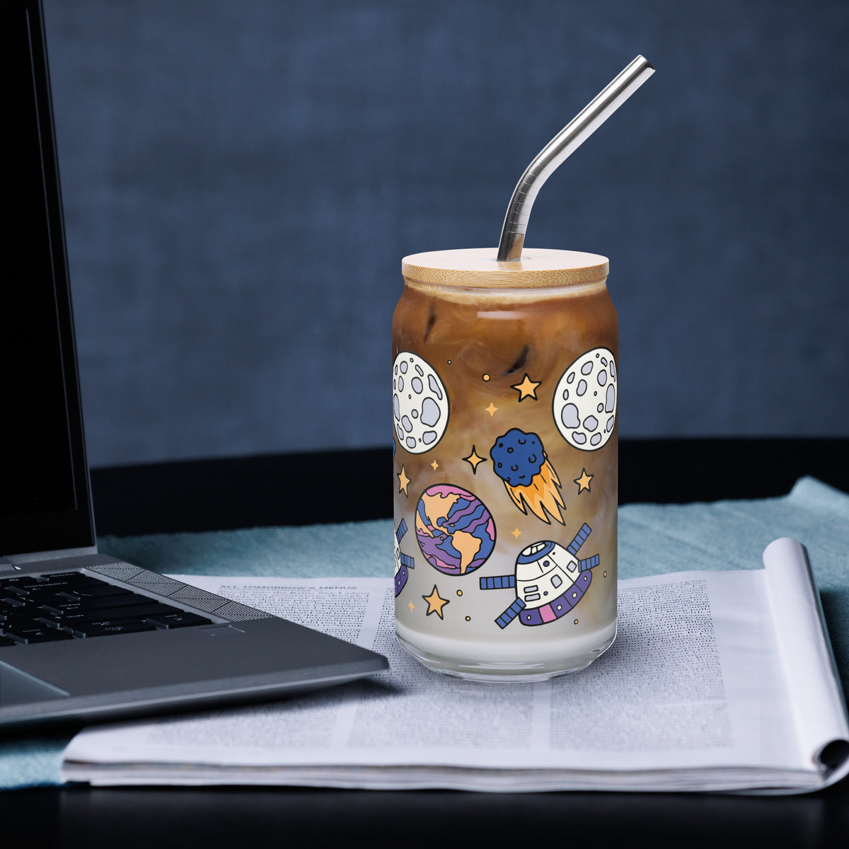 Kawaii Space Scatter Cosmic Glass Tumbler | Cute Space Gift for Iced Coffee 16 oz - Spinsterly Co