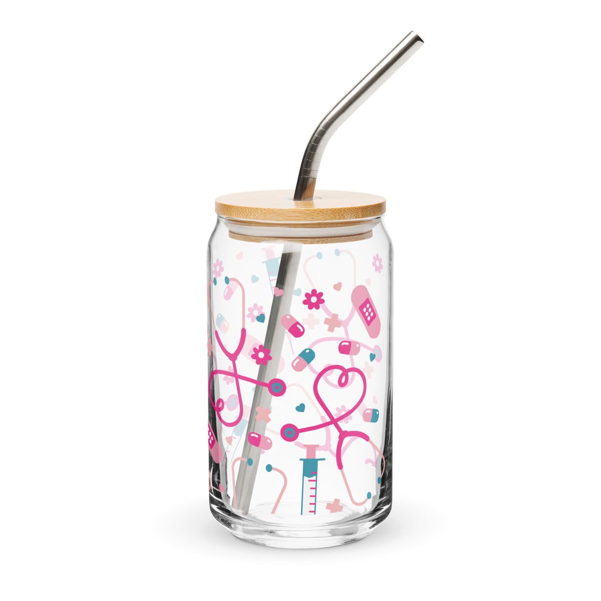 Kawaii Nurse Medical Scatter Can-Shaped Glass Tumbler | Cute Nurse Gift 16 oz with Bamboo Lid & Straw - Spinsterly Co