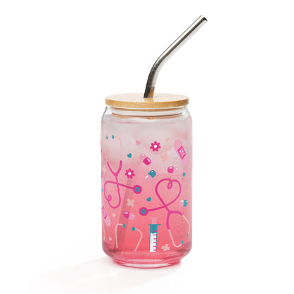 Kawaii Nurse Medical Scatter Can-Shaped Glass Tumbler | Cute Nurse Gift 16 oz with Bamboo Lid & Straw - Spinsterly Co