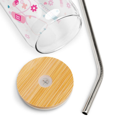 Kawaii Nurse Medical Scatter Can-Shaped Glass Tumbler | Cute Nurse Gift 16 oz with Bamboo Lid & Straw - Spinsterly Co
