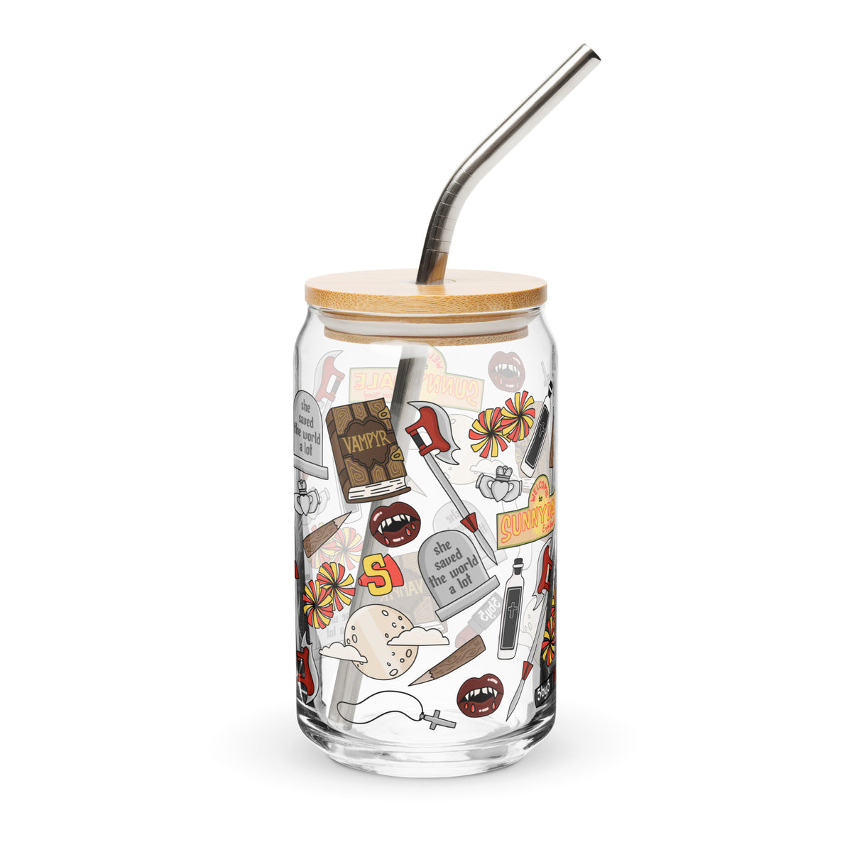 Vampire Town Can Glass Tumbler | Fangs Stakes Crosses Cheerleader Drinkware - Spinsterly Co