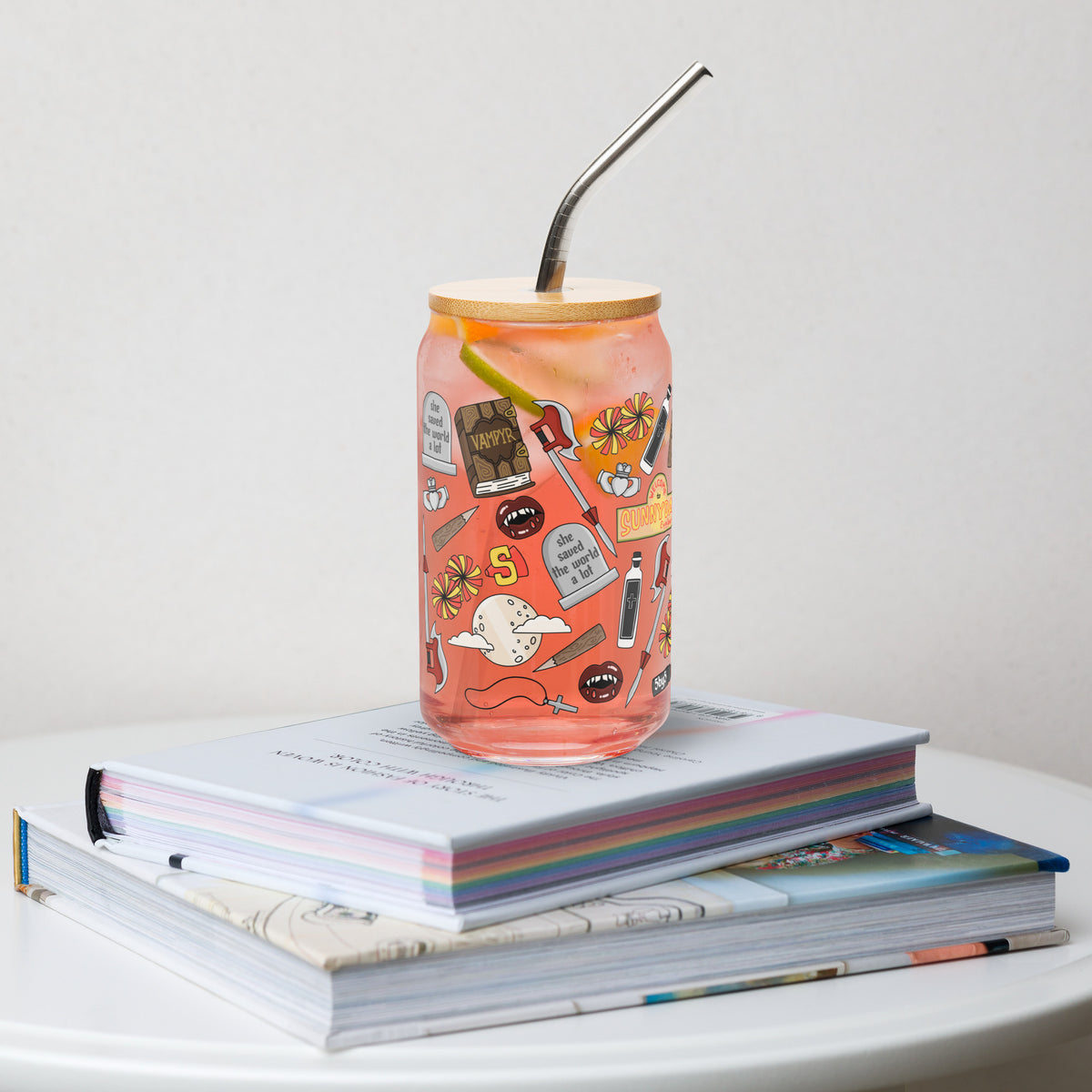 Vampire Town Can Glass Tumbler | Fangs Stakes Crosses Cheerleader Drinkware - Spinsterly Co