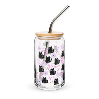 Black Cat & Bow Can-Shaped Glass | Coquette Cat Mom Glass Tumbler - Spinsterly Co