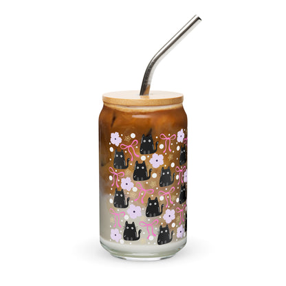Black Cat & Bow Can-Shaped Glass | Coquette Cat Mom Glass Tumbler - Spinsterly Co