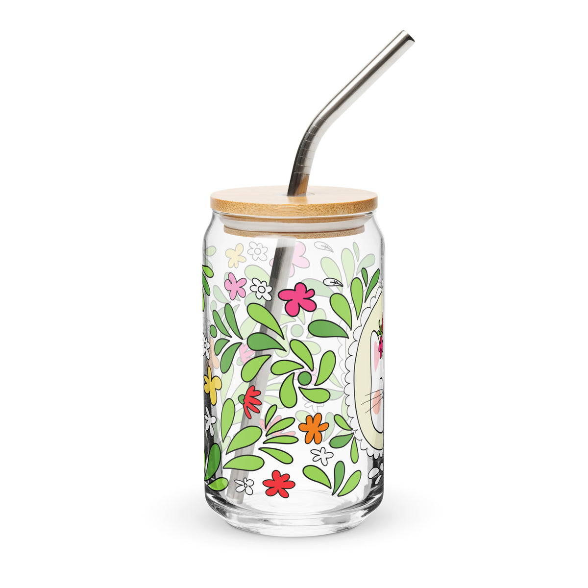 Floral Cat Can-Shaped Glass | Cute Botanical Kitty Glass Tumbler - Spinsterly Co