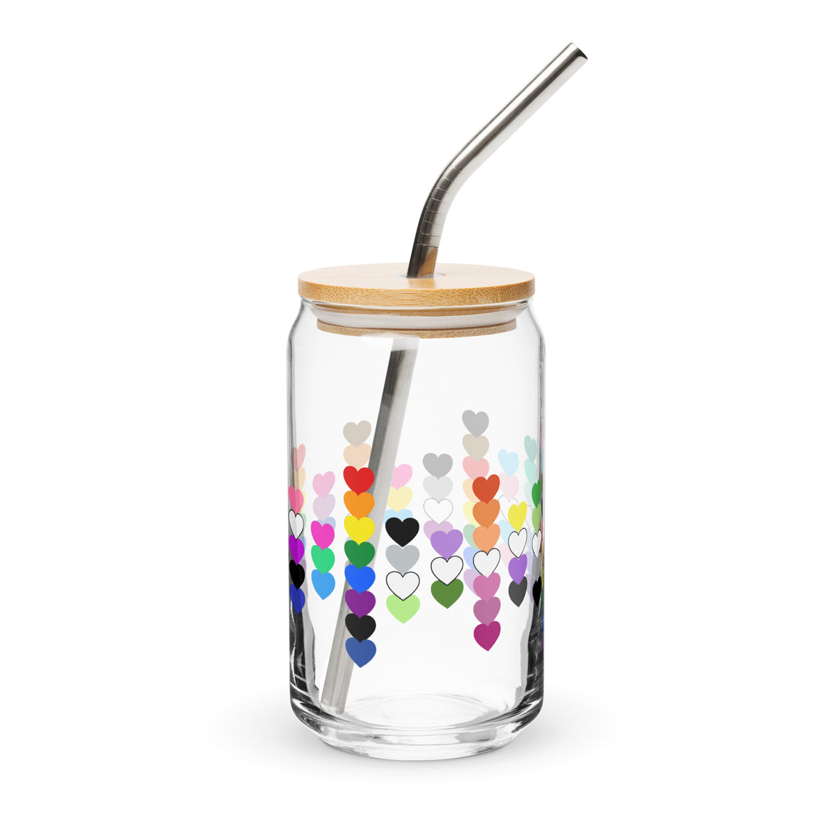 LGBTQIA+ Pride Rainbow Hearts Can-Shaped Glass Tumbler | Inclusive Pride Gift 16 oz - Spinsterly Co