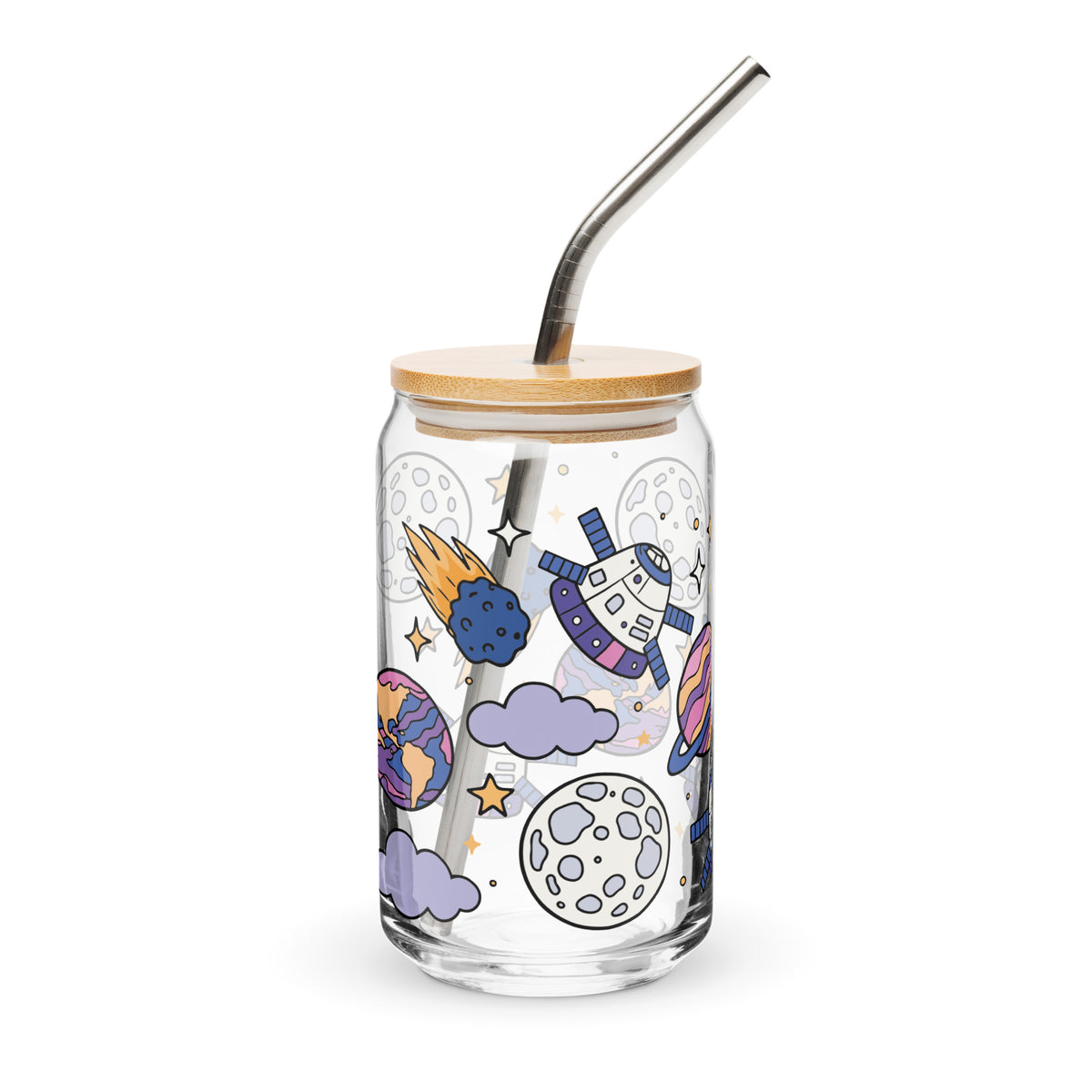 Kawaii Space Scatter Cosmic Glass Tumbler | Cute Space Gift for Iced Coffee 16 oz - Spinsterly Co