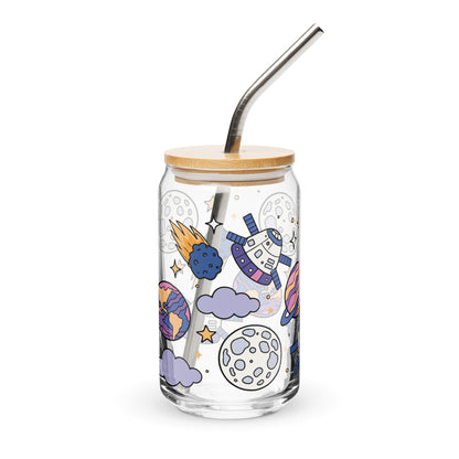 Kawaii Space Scatter Cosmic Glass Tumbler | Cute Space Gift for Iced Coffee 16 oz - Spinsterly Co