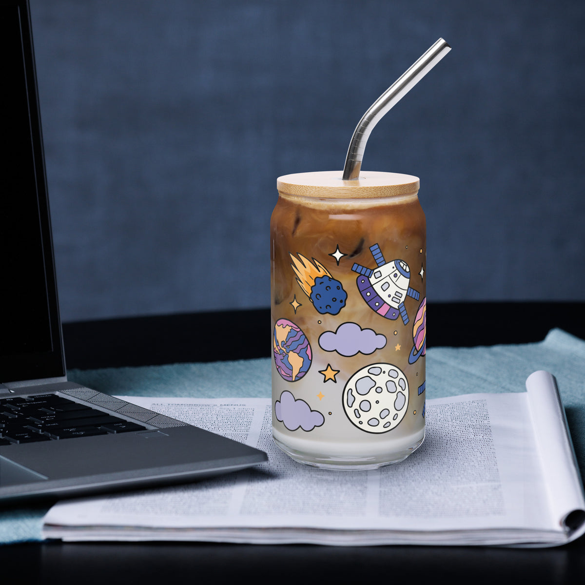 Kawaii Space Scatter Cosmic Glass Tumbler | Cute Space Gift for Iced Coffee 16 oz - Spinsterly Co