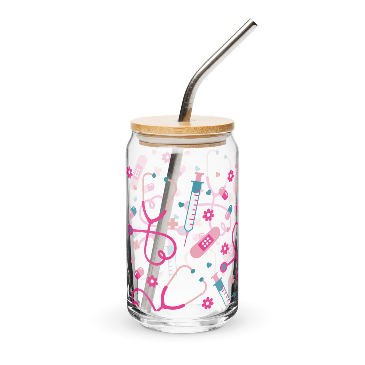Kawaii Nurse Medical Scatter Can-Shaped Glass Tumbler | Cute Nurse Gift 16 oz with Bamboo Lid & Straw - Spinsterly Co